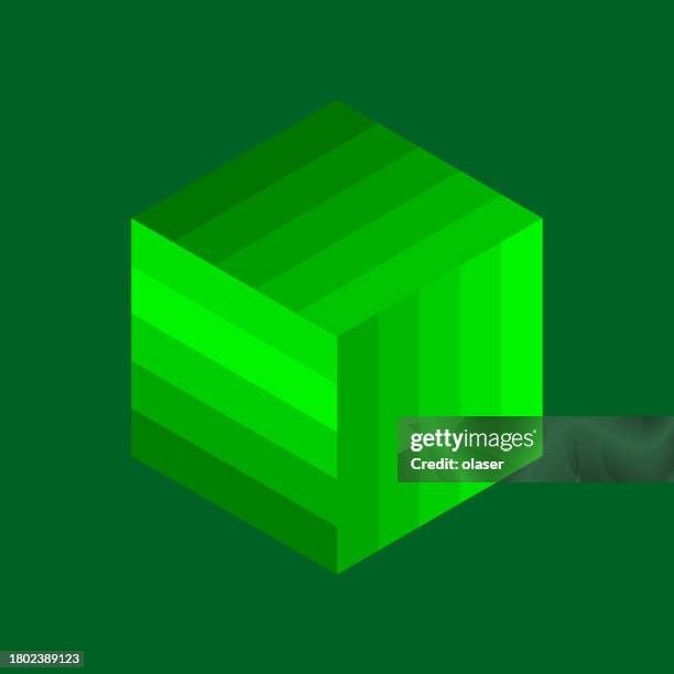 stylized isometric green cube on a dark background. - isometric cube stock illustrations