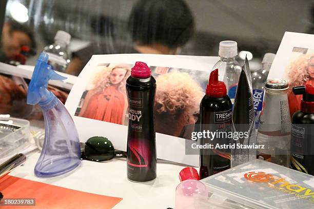 General view of atmosphere backstage with TRESemme at the Jenny Packham fashion show during Mercedes-Benz Fashion Week Spring 2014 at The Stage at...