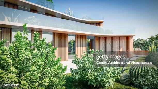 edificio escolar moderno con vegetación - hotel ecologico fotografías e imágenes de stock