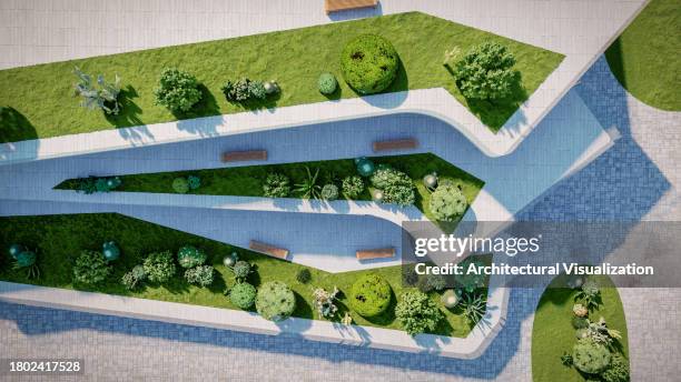 vista dall'alto di una scuola moderna con terrazze inclinate e giardini pensili - architettura ecologica foto e immagini stock