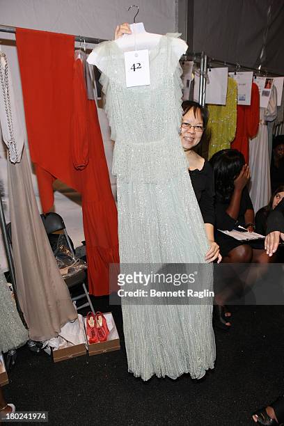 General view of models backstage during the Jenny Packham show during Spring 2014 Mercedes-Benz Fashion Week at The Studio at Lincoln Center on...