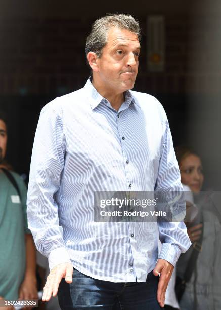 Presidential candidate for Union Por La Patria Sergio Massa gestures before casting his vote during the presidential runoff at Escuela N34 Antártida...