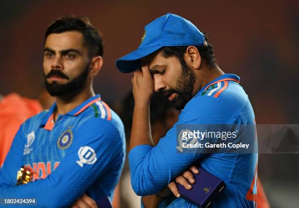 Rohit Sharma of India cuts a dejected figure following the ICC Men's Cricket World Cup India 2023 Final between India and Australia at Narendra Modi...