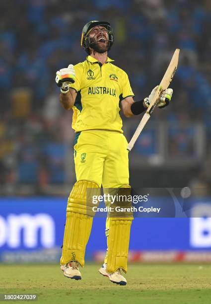 Glenn Maxwell of Australia celebrates after hitting the winning runs to win the ICC Men's Cricket World Cup following the ICC Men's Cricket World Cup...