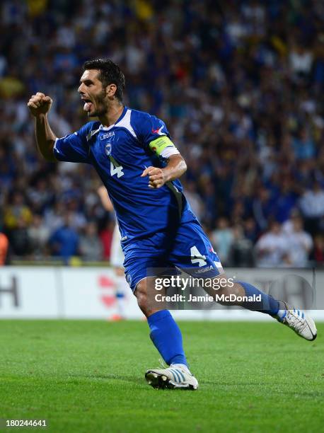 Emir Spahic of Bosnia-Herzegovina celebrates hois goal during the FIFA 2014 World Cup Qualifying Group G match between Slovakia and...