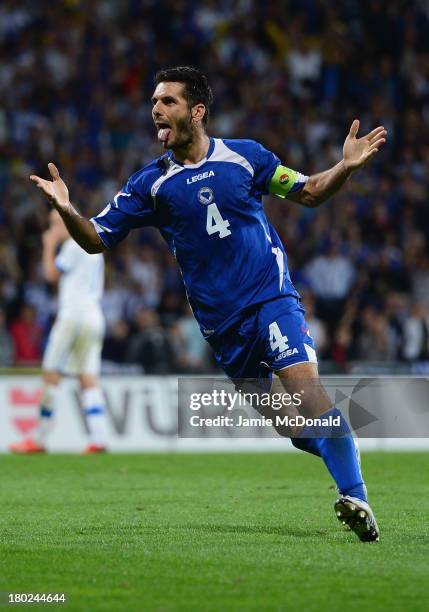 Emir Spahic of Bosnia-Herzegovina celebrates hois goal during the FIFA 2014 World Cup Qualifying Group G match between Slovakia and...