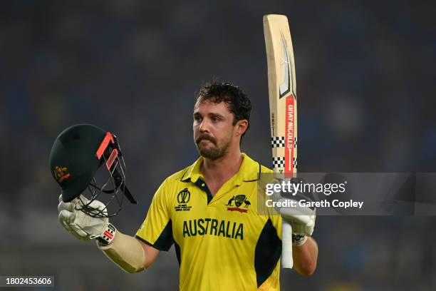 Travis Head of Australia leaves the field after being dismissed for 137 runs during the ICC Men's Cricket World Cup India 2023 Final between India...