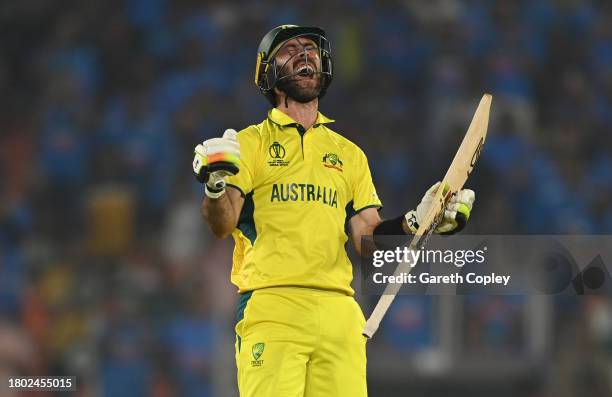 Glenn Maxwell of Australia celebrates after hitting the winning runs to win the ICC Men's Cricket World Cup following the ICC Men's Cricket World Cup...