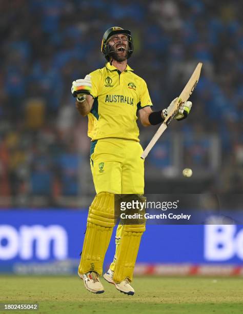 Glenn Maxwell of Australia celebrates after hitting the winning runs to win the ICC Men's Cricket World Cup following the ICC Men's Cricket World Cup...