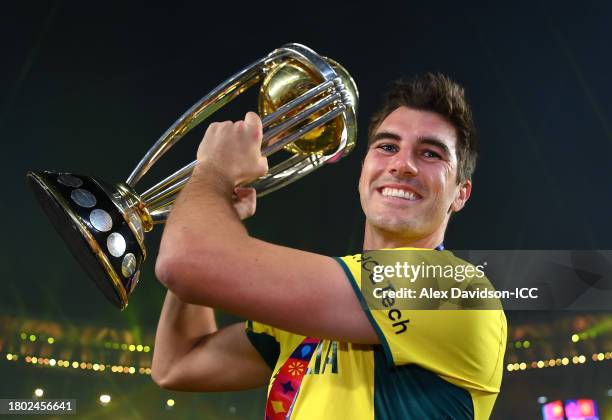 Pat Cummins of Australia poses with the ICC Men's Cricket World Cup Trophy following the ICC Men's Cricket World Cup India 2023 Final between India...