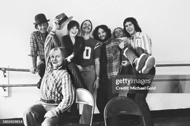 Cast of 'Lemmings,' Gary Goodrow, wearing bowler hat, Director Tony Hendra, Alice Playten, Christopher Guest, John Belushi, Paul Jacobs, obscured,...