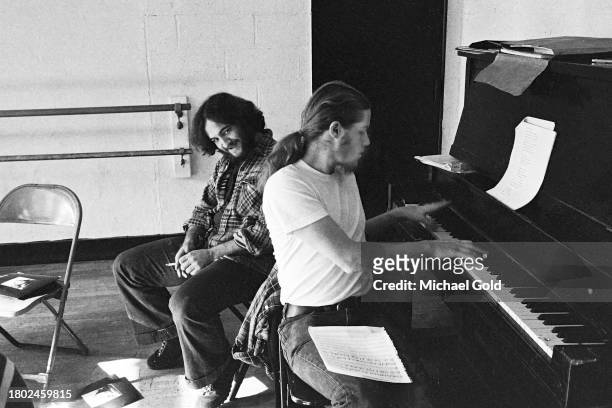 Actors John Belushi and Paul Jacobs of the show 'Lemmings' rehearsing in a rehearsal hall in New York City, circa 1973.
