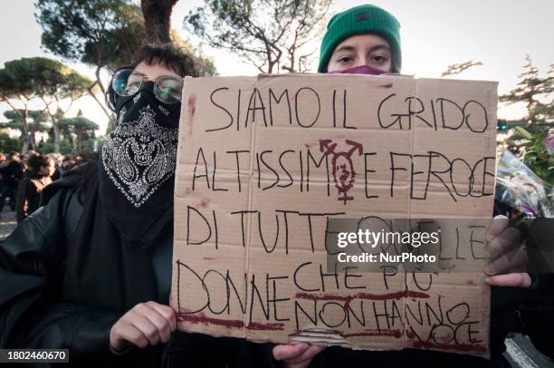 Women are participating in the demonstration for the International Day for the Elimination of Violence against Women, 'Non Una di Meno,' in Rome,...