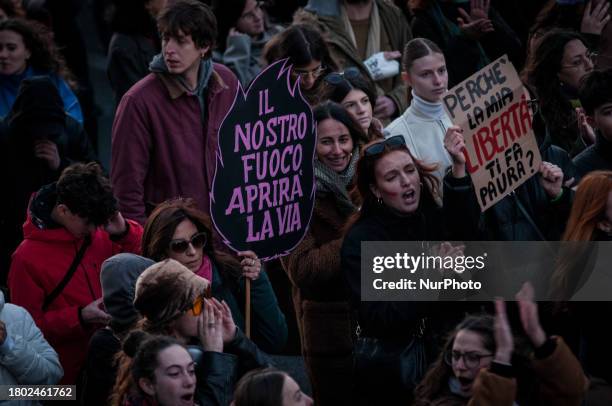 Women are participating in the demonstration for the International Day for the Elimination of Violence against Women, 'Non Una di Meno,' in Rome,...