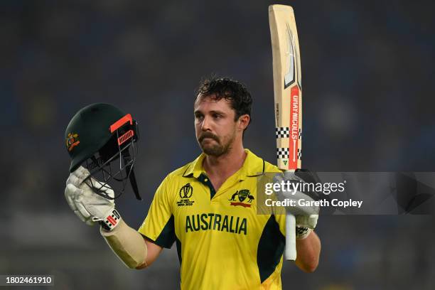 Travis Head of Australia leaves the field after being dismissed for 137 runs during the ICC Men's Cricket World Cup India 2023 Final between India...