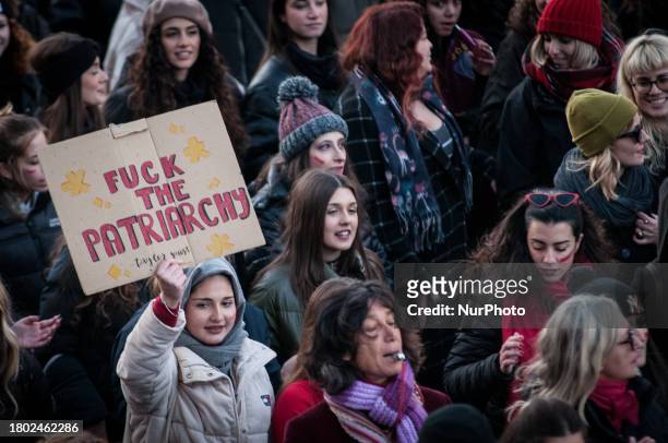 Women are participating in the demonstration for the International Day for the Elimination of Violence against Women, 'Non Una di Meno,' in Rome,...