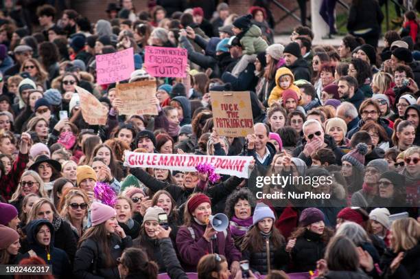 Women are participating in the demonstration for the International Day for the Elimination of Violence against Women, 'Non Una di Meno,' in Rome,...