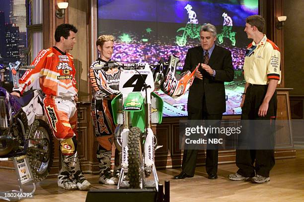 Episode 2057 -- Pictured: Motocross racers Jeremy McGrath, Ricky Carmichael, and Travis Pastrana with host Jay Leno on May 11, 2001 --