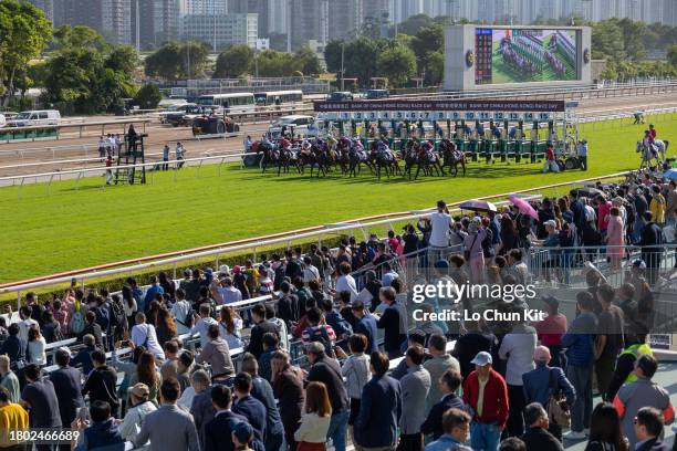 Jockeys compete in the Race 6 Boc Credit Card Handicap during the Bank of China Race Day at Sha Tin Racecourse on November 19, 2023 in Hong Kong.