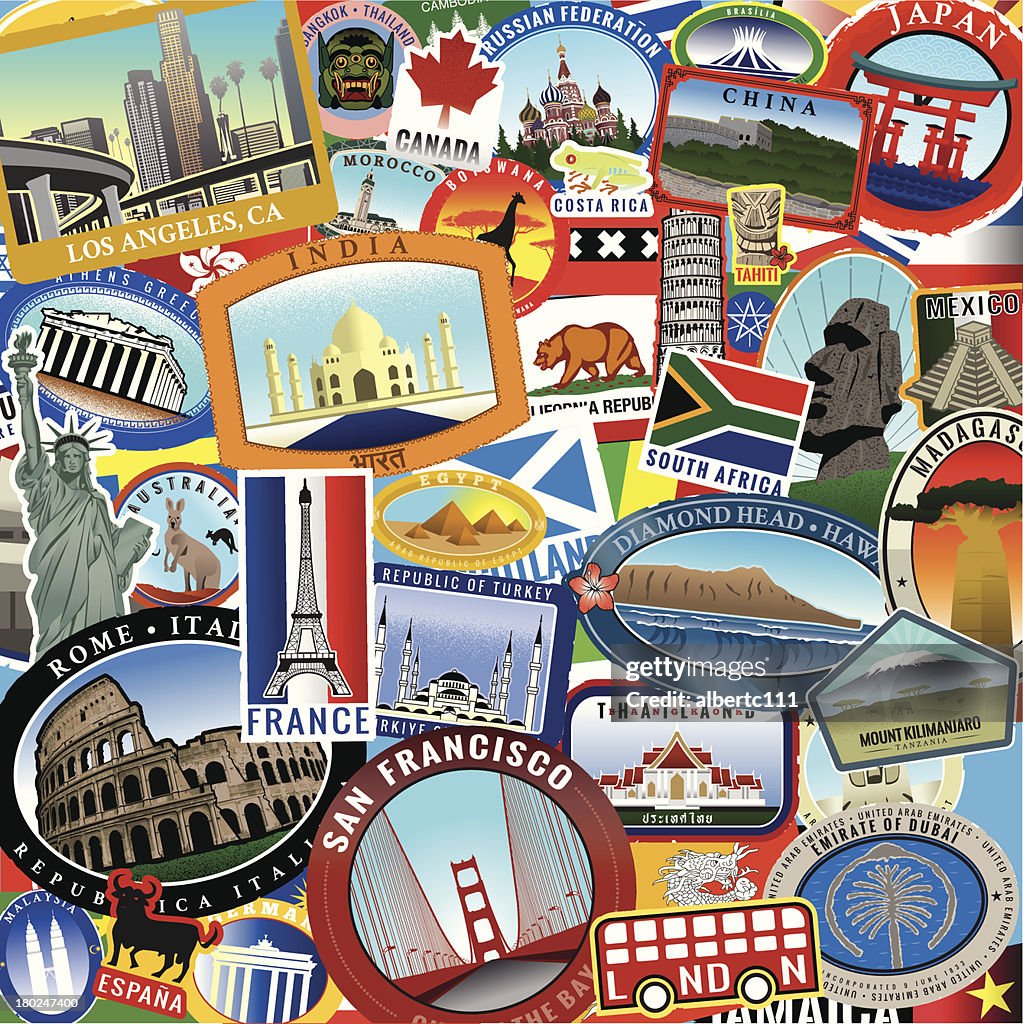 Retro World Travel Sticker Collage