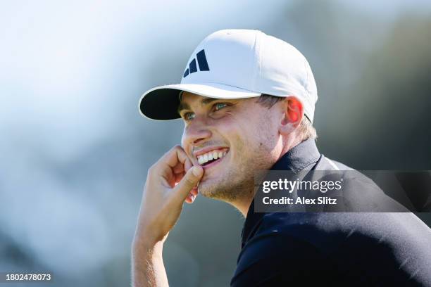 Ludvig Aberg of Sweden reacts on the fifth green during the final round of The RSM Classic on the Seaside Course at Sea Island Resort on November 19,...