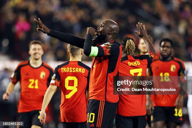 Romelu Lukaku of Belgium celebrates after scoring the team's second goal during the UEFA EURO 2024 European qualifier match between Belgium and...