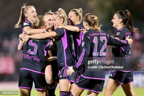 Magdalena Eriksson of FC Bayern Muenchen celebrates the first goal with her team mates during the Google Pixel Women's Bundesliga match between SV...