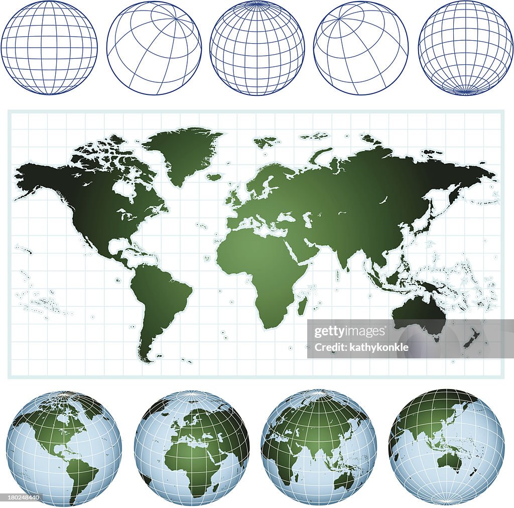 World map with wireframe globes