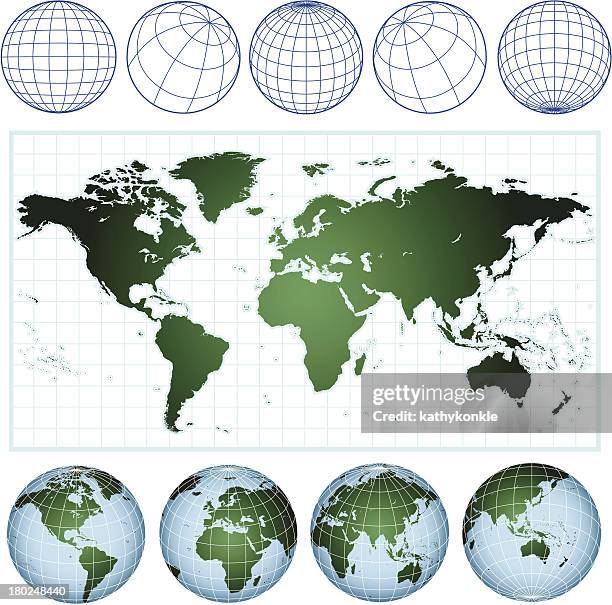 world map with wireframe globes - world map globe stock illustrations