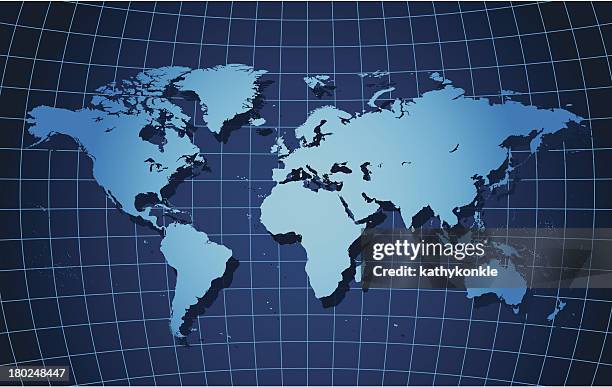 world map on curved grid - wireframe globe stock illustrations