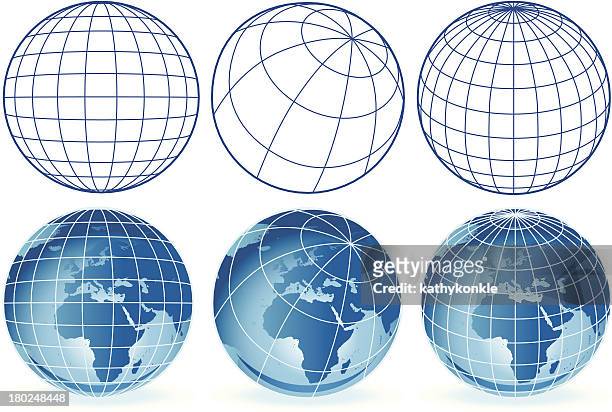 verschiedene gitternetzlinien globen europa und afrika - globus stock-grafiken, -clipart, -cartoons und -symbole