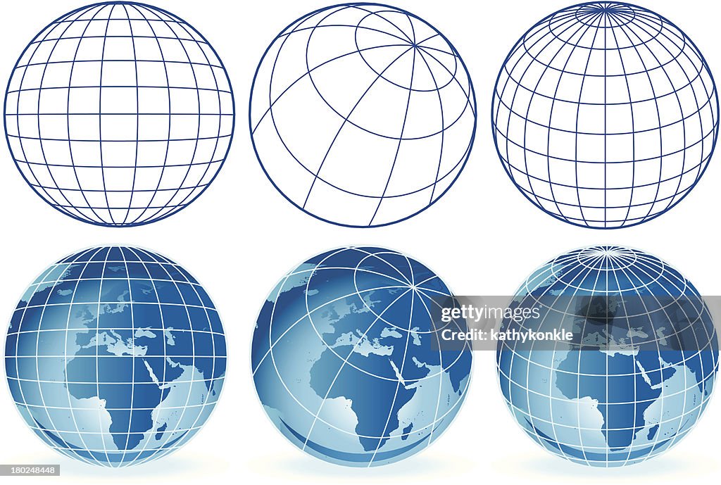 Different wireframe globes Europe and Africa