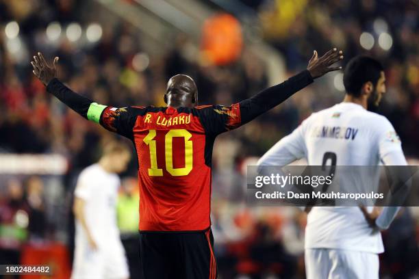 Romelu Lukaku of Belgium celebrates after scoring the team's second goal during the UEFA EURO 2024 European qualifier match between Belgium and...