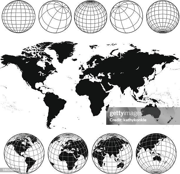 various views of the world as a globe, and on flat surface - world map gridlines stock illustrations