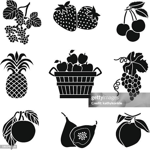 apple bushel and fruit - black cherries stock illustrations