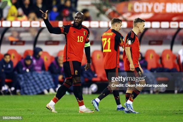 Romelu Lukaku of Belgium celebrates after scoring the team's second goal during the UEFA EURO 2024 European qualifier match between Belgium and...