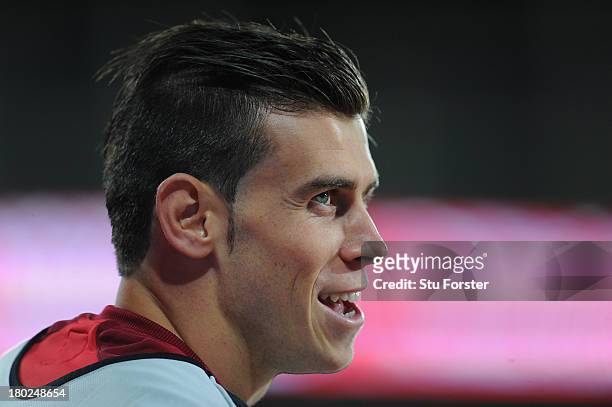 Wales player Gareth Bale looks on during the FIFA 2014 World Cup Qualifier Group A match between Wales and Serbia at Cardiff City Stadium on...