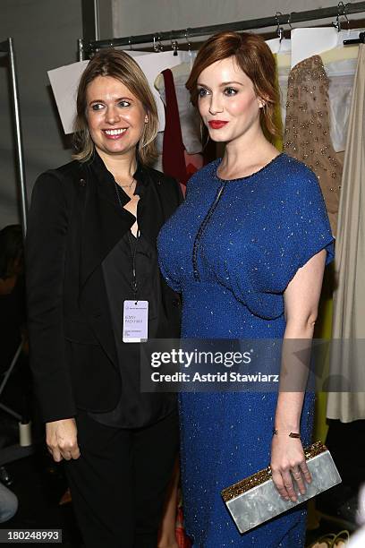 Designer Jenny Packham and actress Christina Hendricks pose backstage with TRESemme at the Jenny Packham fashion show during Mercedes-Benz Fashion...