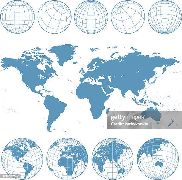 stockillustraties, clipart, cartoons en iconen met blue world map and wireframe globes - longitude latitude lines