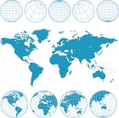blue world map and wireframe globes