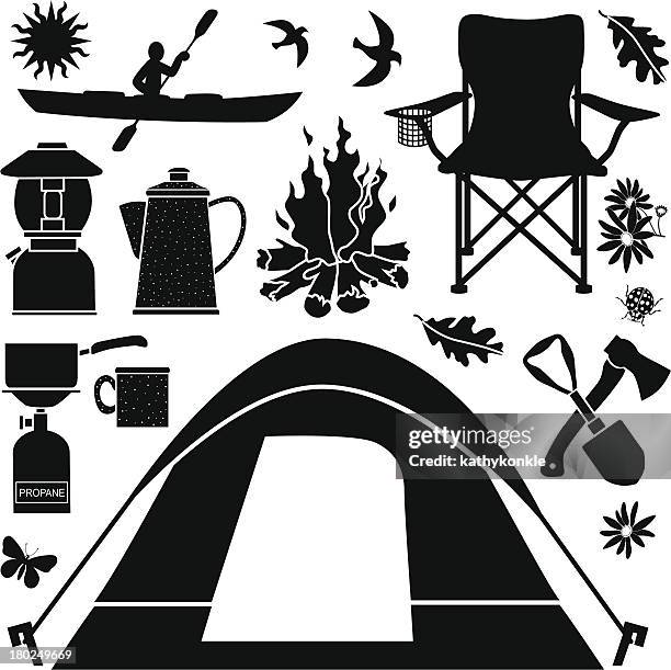 stockillustraties, clipart, cartoons en iconen met black and white set of flat camping themed design elements - koffiepot