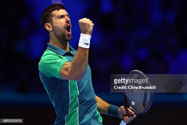Novak Djokovic of Serbia celebrates during the Men's Singles Finals between Jannik Sinner of Italy and Novak Djokovic of Serbia on day eight of the...