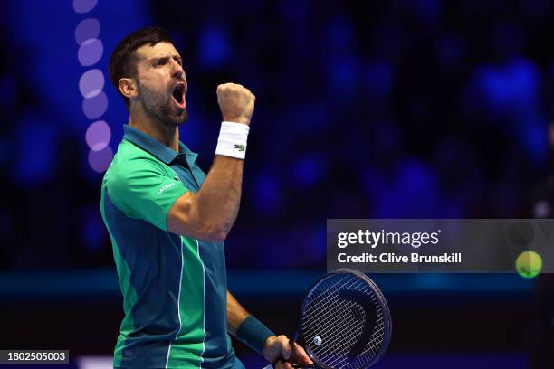 Novak Djokovic of Serbia celebrates during the Men's Singles Finals between Jannik Sinner of Italy and Novak Djokovic of Serbia on day eight of the...