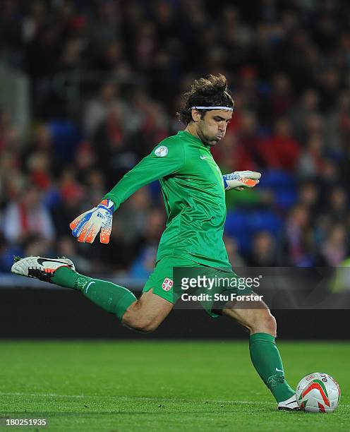 Serbia keeper Vladimir Stojkovic in action during the FIFA 2014 World Cup Qualifier Group A match between Wales and Serbia at Cardiff City Stadium on...