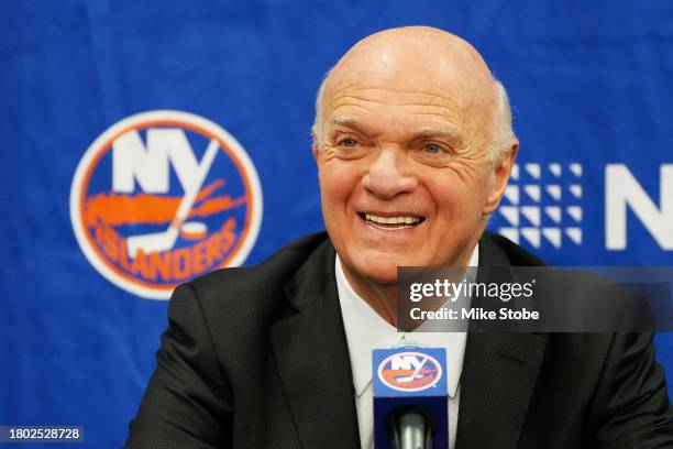 General manager Lou Lamoriello of the New York Islanders speaks to the media prior to the game Philadelphia Flyers at UBS Arena on November 25, 2023...