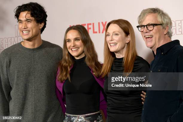 Charles Melton, Natalie Portman, Julianne Moore and Todd Haynes attends Netflix's "May December" Los Angeles Photo Call at Four Seasons Hotel Los...