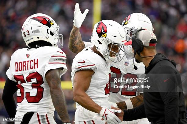 Rondale Moore of the Arizona Cardinals celebrates a first quarter touchdown against the Houston Texans at NRG Stadium on November 19, 2023 in...