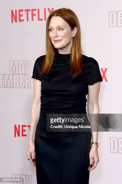 Julianne Moore attends Netflix's "May December" Los Angeles Photo Call at Four Seasons Hotel Los Angeles at Beverly Hills on November 17, 2023 in Los...