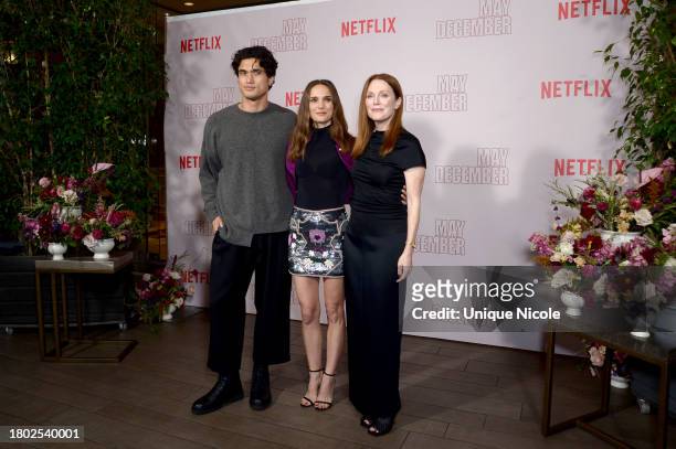 Natalie Portman, Charles Melton, and Julianne Moore attend Netflix's "May December" Los Angeles Photo Call at Four Seasons Hotel Los Angeles at...