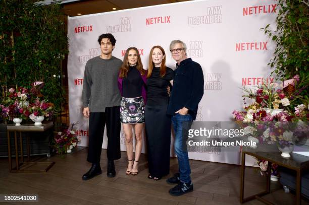 Charles Melton, Natalie Portman, Julianne Moore, and Todd Haynes attend "May December" Los Angeles Photo Call at Four Seasons Hotel Los Angeles at...